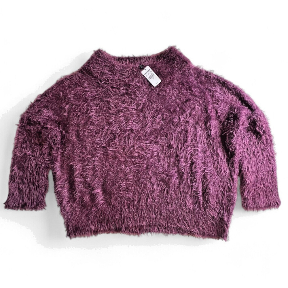 Express Women's Sweater Plum Eyelash Medium thumbholes wide neck soft furry NWT